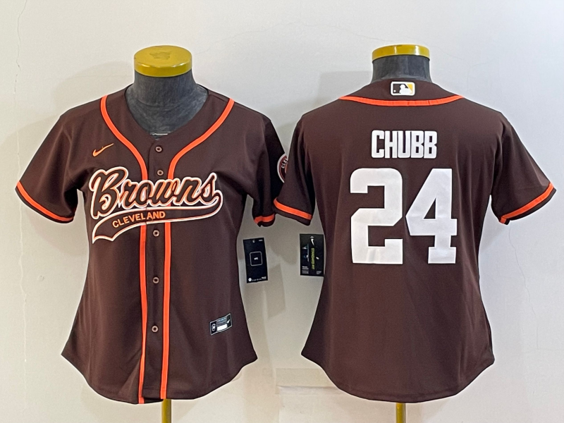Youth Cleveland Browns #24 Nick Chubb Brown With Patch Cool Base Stitched Baseball Jersey